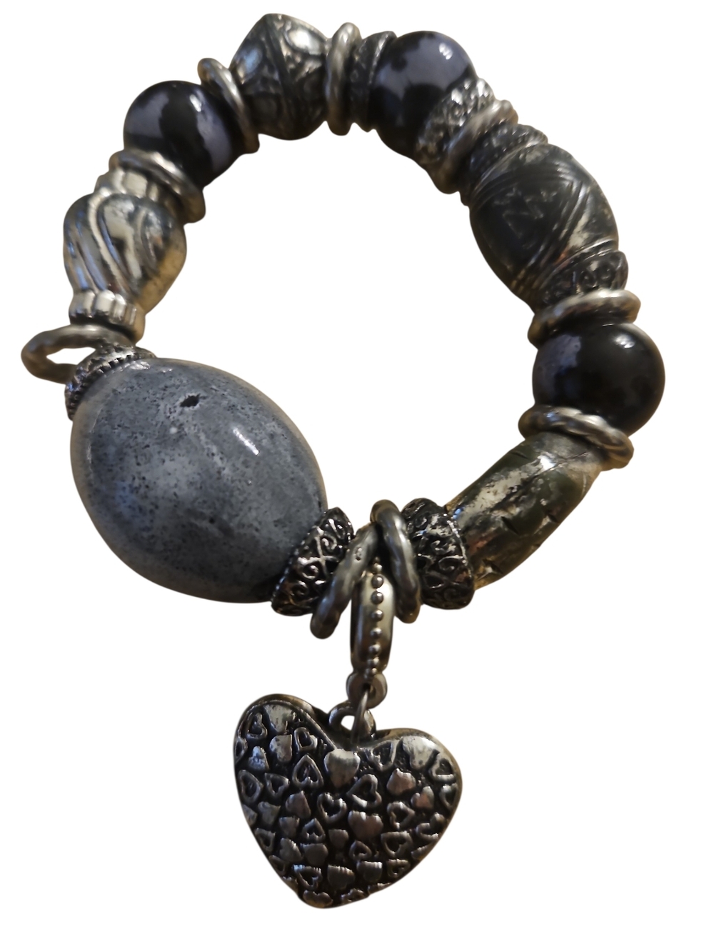 Handmade Grey & Black Heart Charm Beaded Bracelet